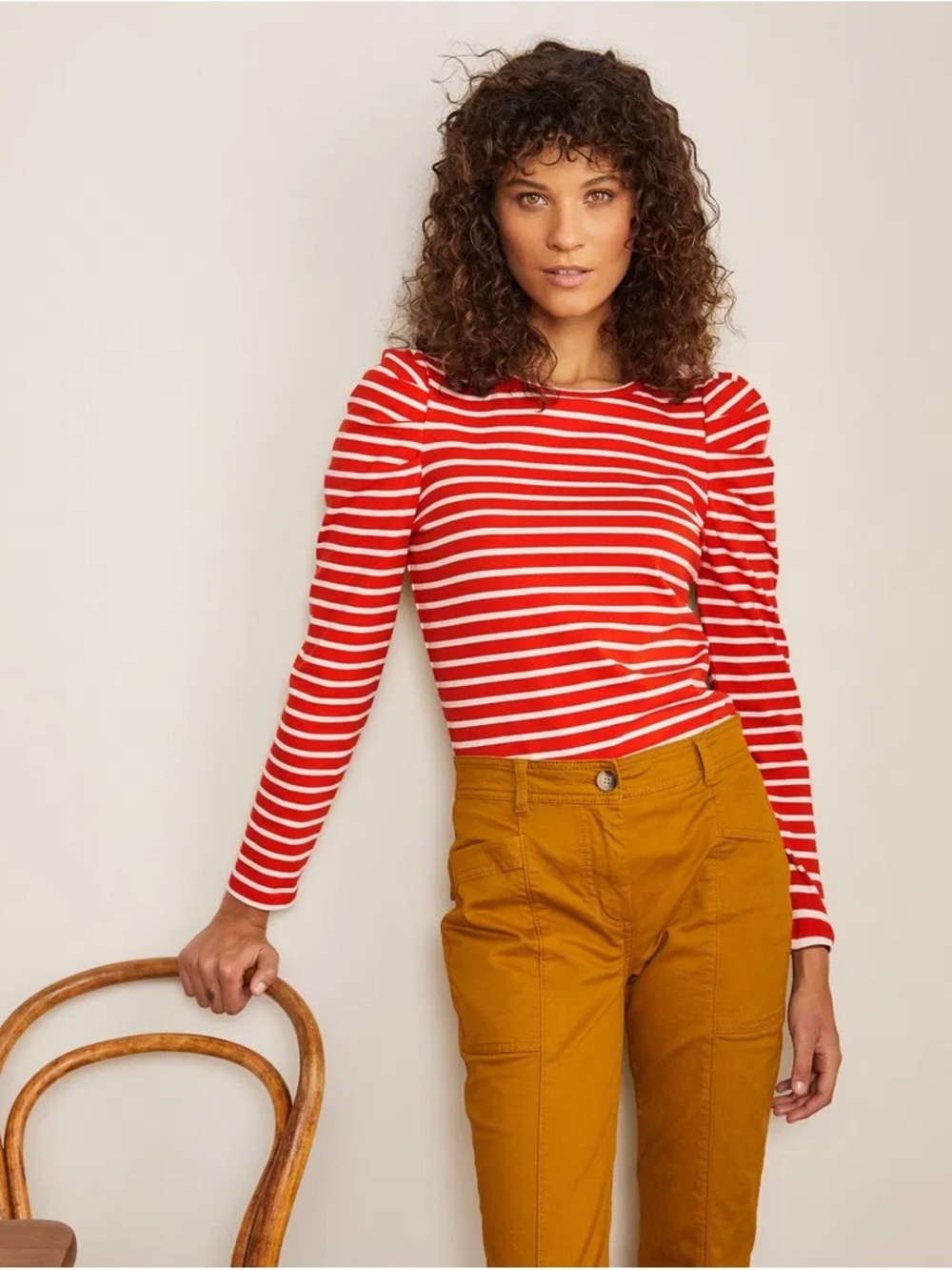 Boden Red & White Striped Puff-Shoulder Long-Sleeve Top US 14